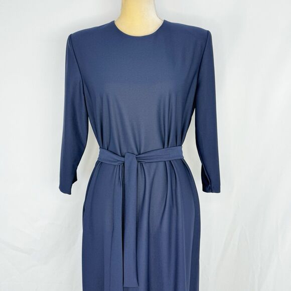 Vintage Antthony Richards Women Navy Blue Midi Dress Tie Waist Size 12 - Picture 3 of 14